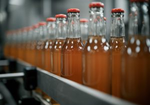 Bottles of beverage on a production line, showcasing the bottling process